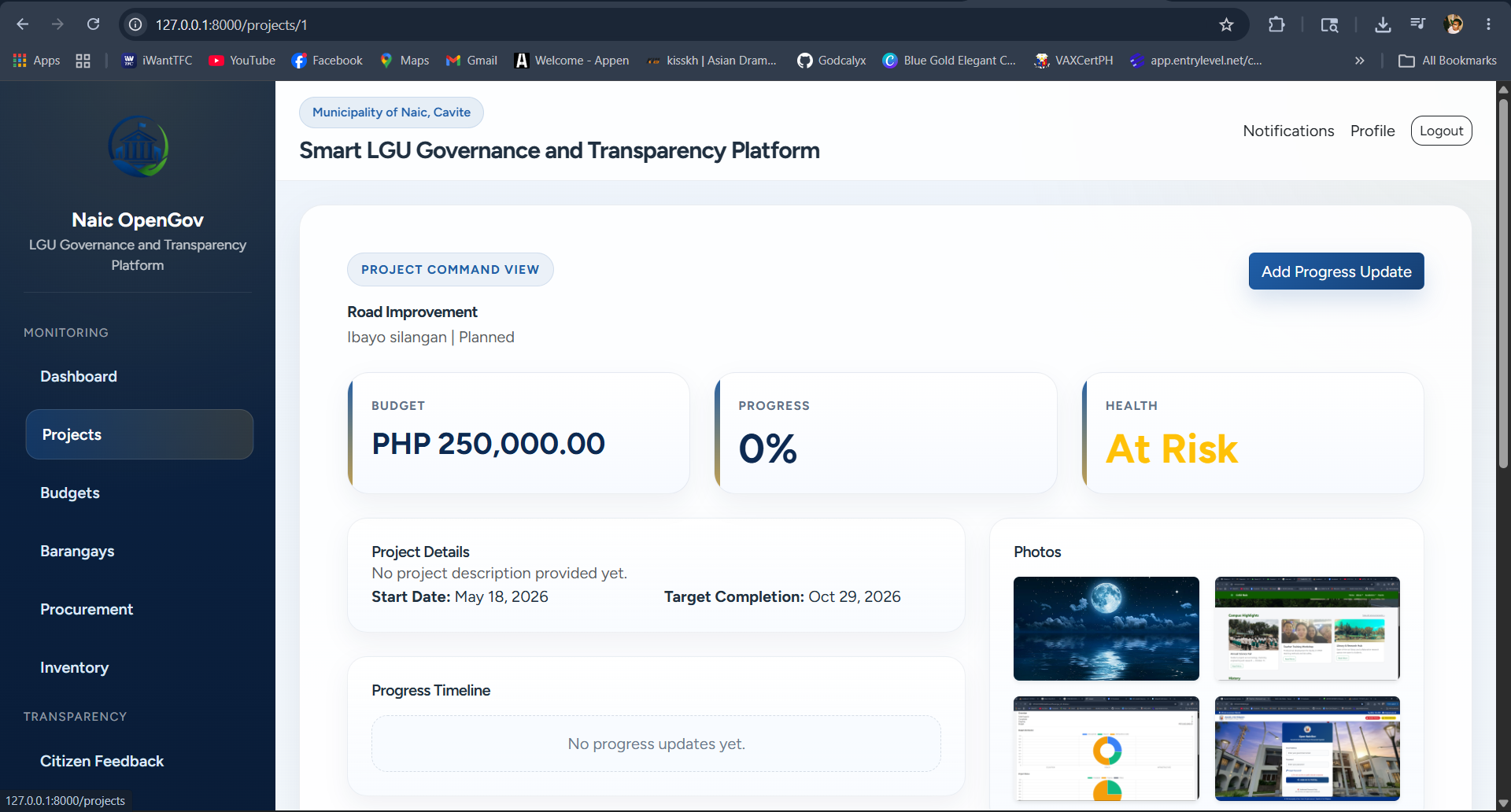 Project monitoring view in the Naic-OpenGov platform